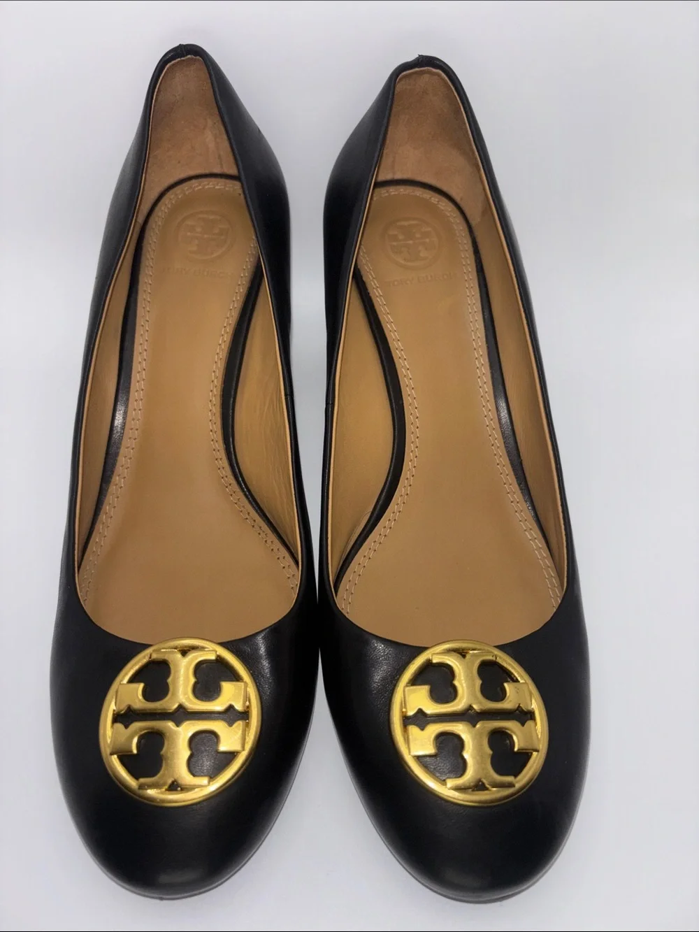 Tory Burch Black Leather Wedges with Gold Logo Medallion